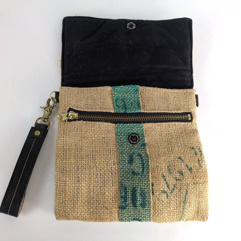 Upcycled Burlap Coffee Sack 11x10" Hand Bag Purse Italian Leather Strap Handle - Picture 3 of 8